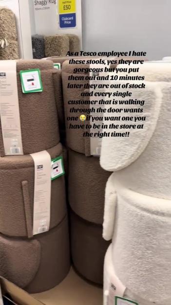 Display of Tesco ottoman stools with an overlay of text from an employee about their rapid sell-out.