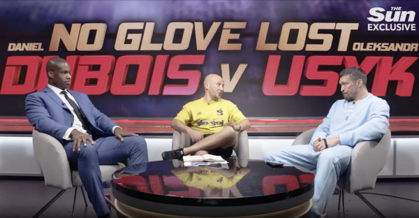 Screenshot of Daniel Dubois and Oleksandr Usyk in a post-fight interview.