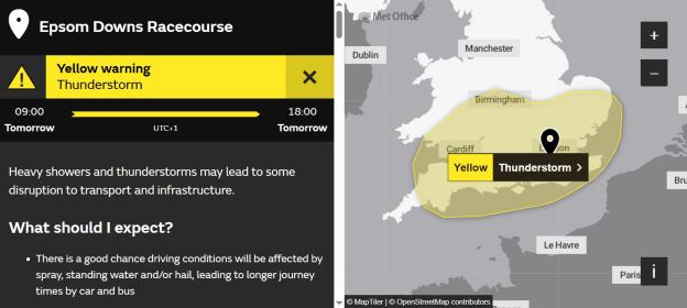 Map showing a yellow thunderstorm warning for southern England.