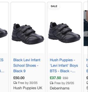 Screenshot of online shopping results for Hush Puppies Levi infant shoes.