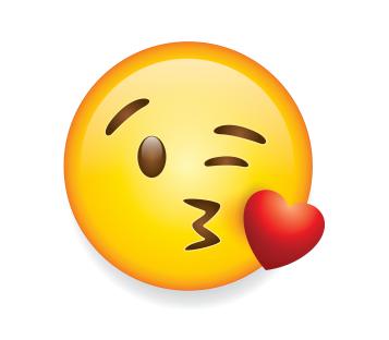 Illustration of a yellow emoticon winking and blowing a kiss with a red heart.
