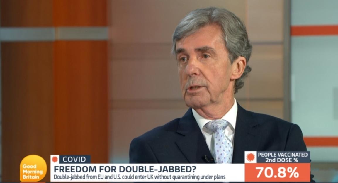 John Stapleton on Good Morning Britain discussing "Freedom for Double-Jabbed?" with 70.8% of people vaccinated with the second dose.