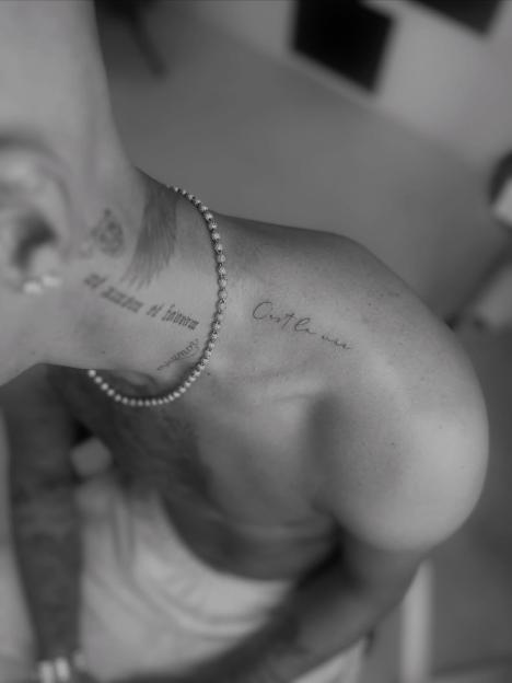 Romeo Beckham's new shoulder tattoo.
