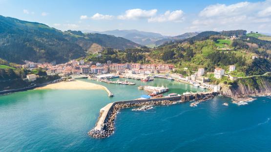 Aerial view of Ondarroa fishing town in Spain.