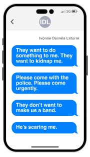 Illustration of a phone screen showing text messages about a kidnapping threat.