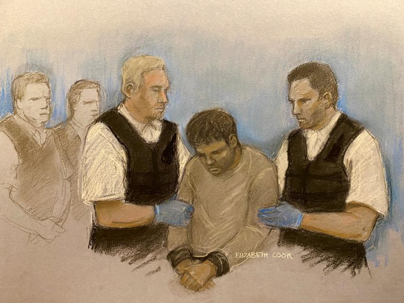 Illustration of Safi Dawood in court with two officers.