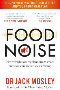 Book cover for "Food Noise" by Dr. Jack Mosley; includes recipes and a meal plan.