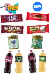 Illustration comparing 1990s and current versions of several snack and beverage products.