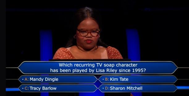 Millionaire contestant facing a soap opera trivia question.