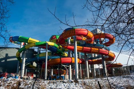 Colorful water slides at a water park.