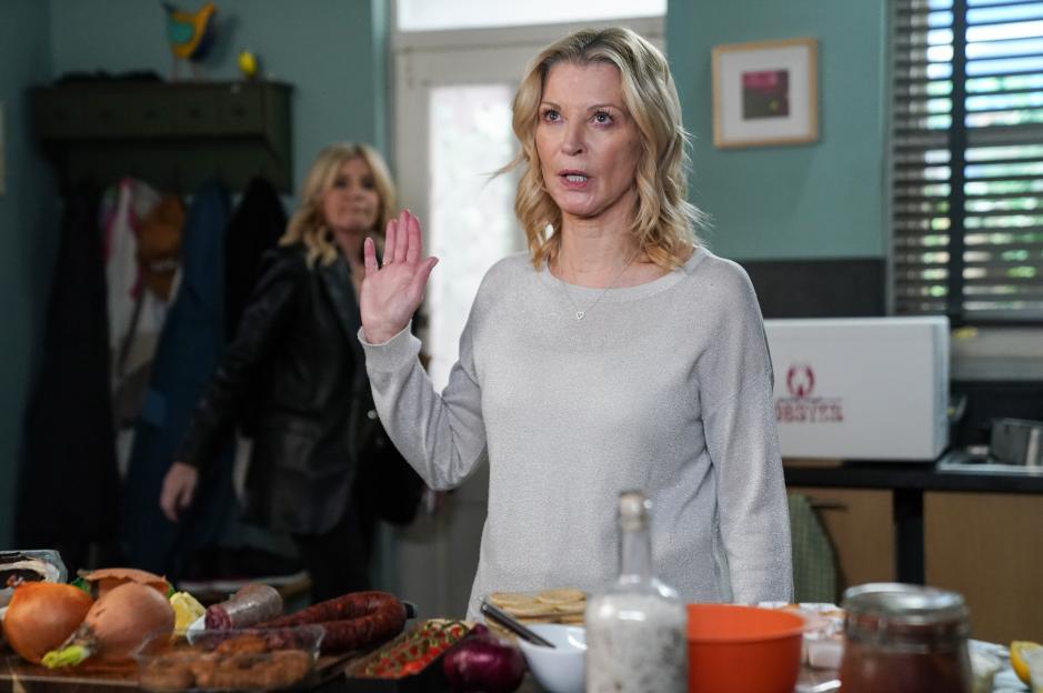 Gillian Taylforth and Michelle Collins in a scene from EastEnders.