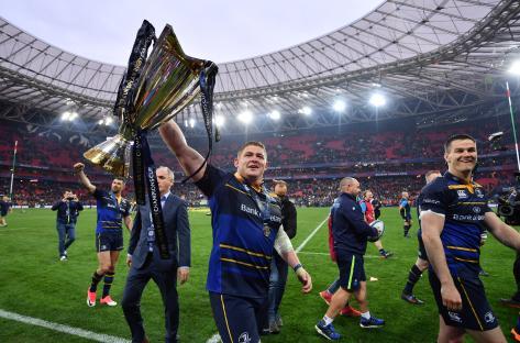 Tadhg Furlong of Leinster celebrating with the European Rugby Champions Cup.