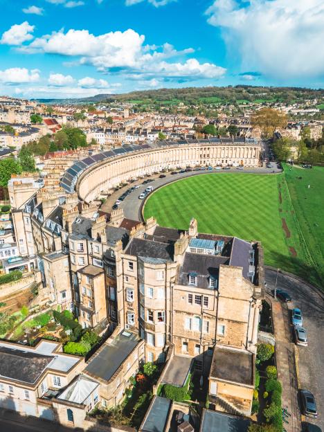 Aerial view of the Royal Crescent in Bath, UK.