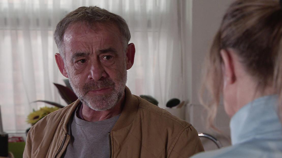 Kevin Webster listens to Abi Webster.