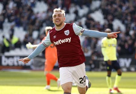 Jarrod Bowen of West Ham United celebrating a goal.