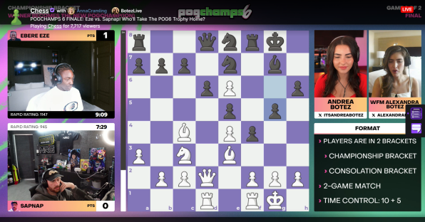 Chess match between Eze and Sapnap, showing the board and players' information.