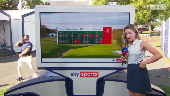 Bryson DeChambeau's golf scorecard shown on Sky Sports, with a reporter in the foreground.