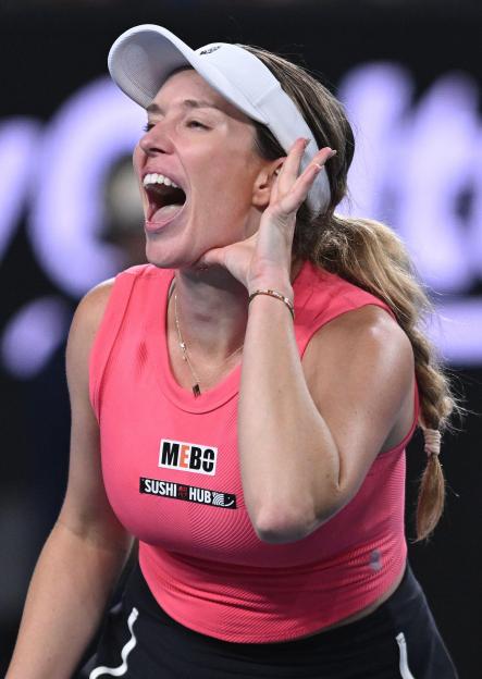 Melbourne, Australia. 16th Jan, 2025. Danielle Collins of USA celebrates after winning her round 2 match against Destanee Aiava of Australia during the 2025 Australian Open at Melbourne Park in Melbourne, Thursday, January 16, 2025. (AAP Image)