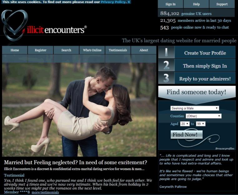 Screenshot of Illicit Encounters website homepage.