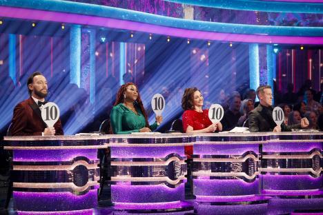 Strictly Come Dancing judges holding up score paddles showing a ten.