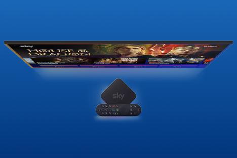 Sky TV box and remote with House of the Dragon and other shows displayed on screen.