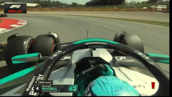 Onboard view of George Russell's car during a Formula 1 race.