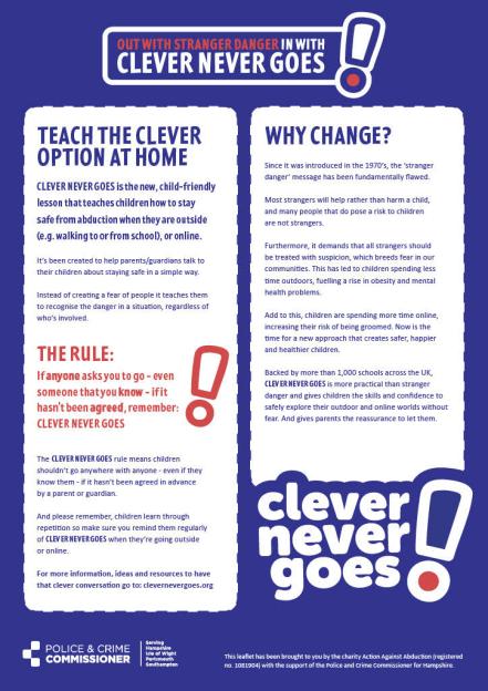 Illustration of a leaflet promoting the "Clever Never Goes" child safety program.