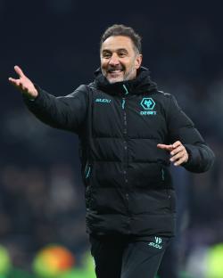 Split image: a man being embraced by two others, and a man in a black jacket with a wolf logo.