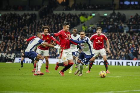 Casemiro of Manchester United and Djed Spence of Tottenham Hotspur Premier League 2024/25 Tottenham v Manchester United Tottenham Hotspur Stadium 16.02.2025 Photograph By Marc Aspland The Times
