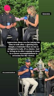 Collage of two golfers being interviewed after a golf tournament.