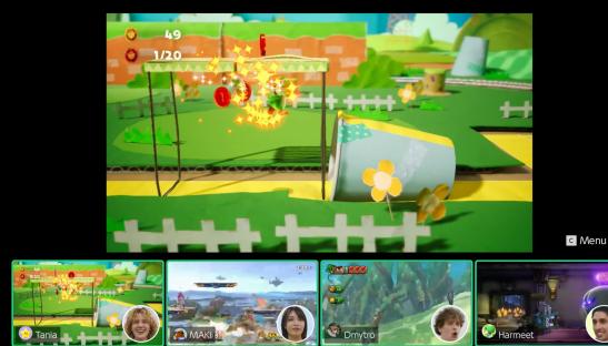 Nintendo Switch video chat showing four players playing different games.