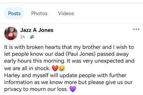 An image collage containing 1 images, Image 1 shows Facebook post announcing the death of Paul Jones, including photos of him with family