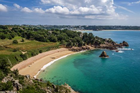 Aerial view of Beauport Beach in St. Aubin, Jersey.