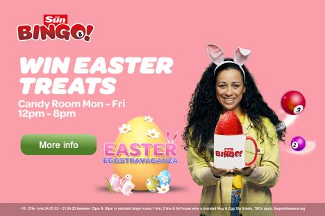 Illustration of a woman holding a mug with a chocolate Easter egg, promoting a Sun Bingo Easter treat.