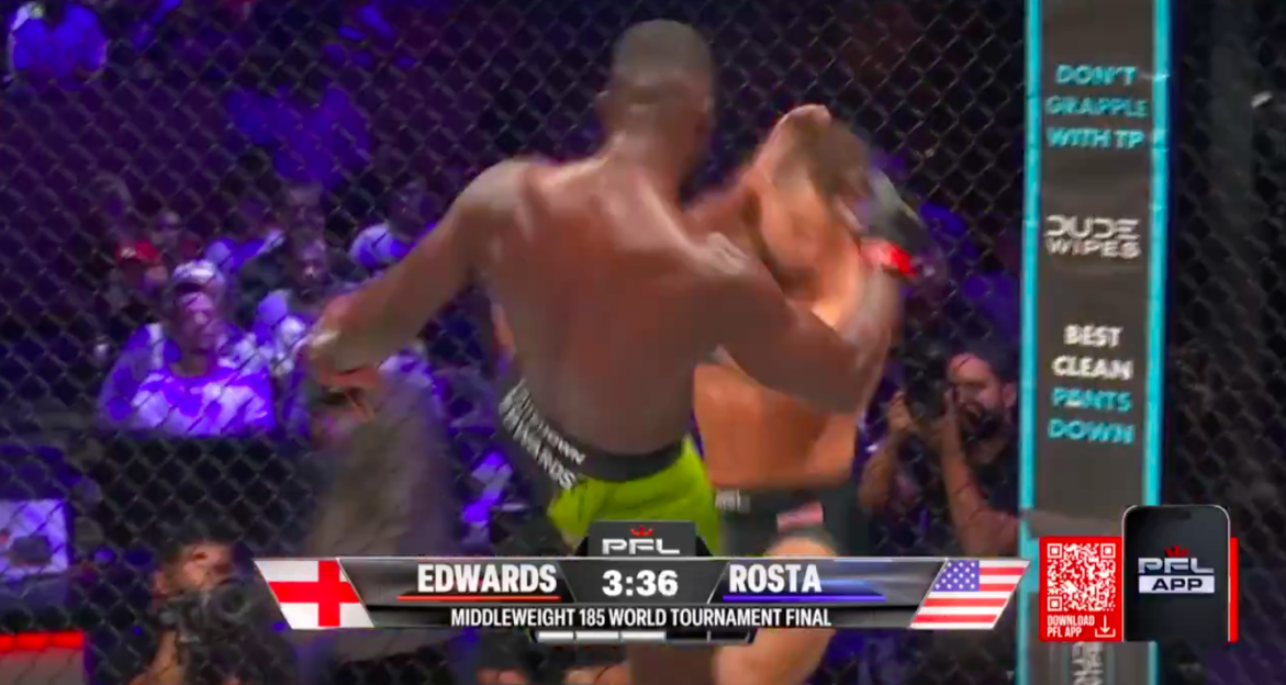 Screenshot of a mixed martial arts fight between Edwards and Rosta.