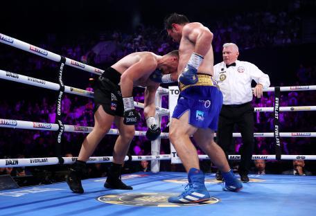 LONDON, ENGLAND - MAY 17: Johnny Fisher is knocked out by Dave Allen leading to the Referee ending the fight during the Heavyweight fight between Johnny Fisher and Dave Allen as part of the Johnny Fisher v Dave Allen 2 - Fight Night at Copper Box Arena on May 17, 2025 in London, England. (Photo by Richard Pelham/Getty Images)