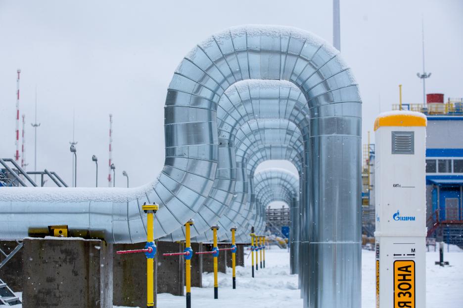 Snow-covered Nord Stream 2 gas pipeline at the Gazprom Slavyanskaya compressor station in Ust-Luga, Russia.