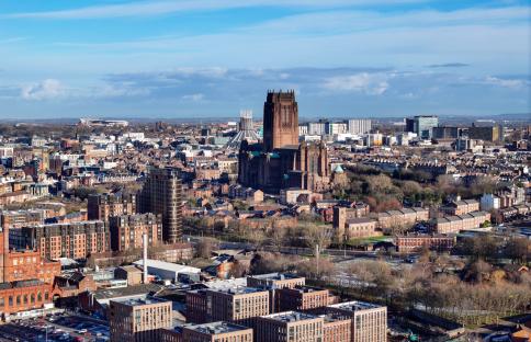 Aerial view of Liverpool, England, showing the Liverpool Anglican Cathedral and the Catholic Metropolitan Cathedral of Christ the King.