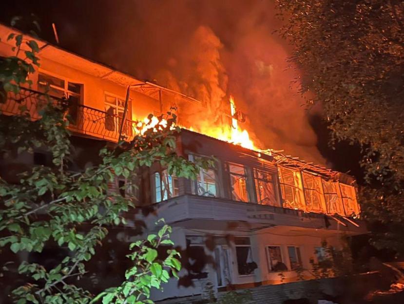 Building engulfed in flames after a Russian attack in Druzhkivka, Ukraine.