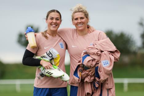 Mary Earps and Millie Bright of the England women's soccer team at a training session.