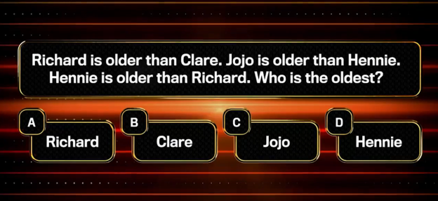 Quiz: Richard is older than Clare; Jojo is older than Hennie; Hennie is older than Richard. Who is the oldest? Multiple choice answers: Richard, Clare, Jojo, Hennie.