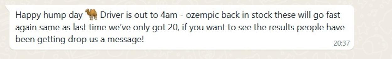 WhatsApp message announcing Ozempic is back in stock.