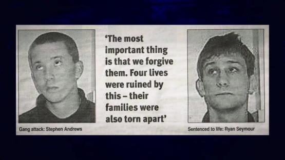 Newspaper clipping with mugshots of Stephen Andrews and Ryan Seymour, convicted in a gang attack.