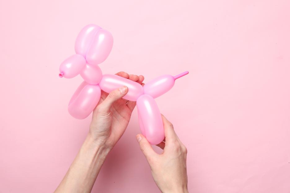 Hands holding a pink balloon dog.