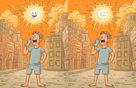 Illustration of a spot-the-difference puzzle: two nearly identical images of a man drinking water on a hot day.