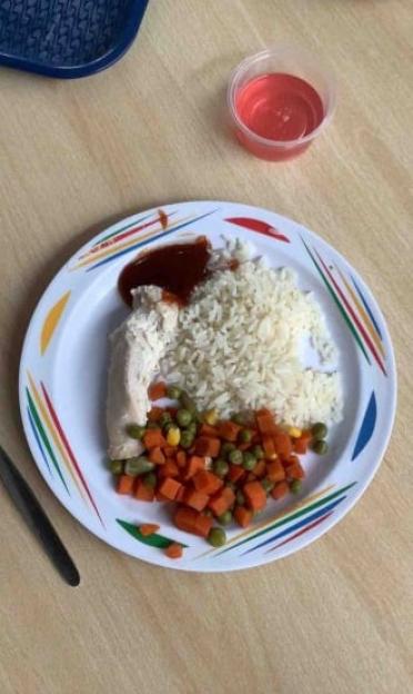 A colorful plate with chicken, rice, mixed vegetables, and a side of red jello.