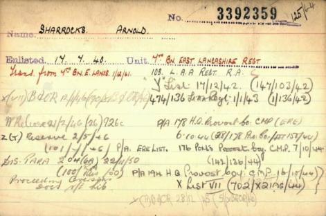 World War II Royal Artillery tracer card showing Arnold Sharrocks' service record.