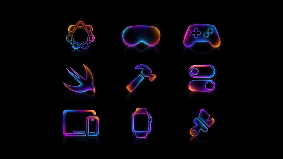 Illustration of nine neon app icons: infinity symbol, VR headset, game controller, Swift logo, hammer, toggle switch, tablet and phone, smartwatch, and paintbrush.