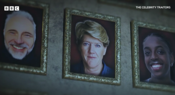 Framed portraits of Celebrity Traitors contestants.