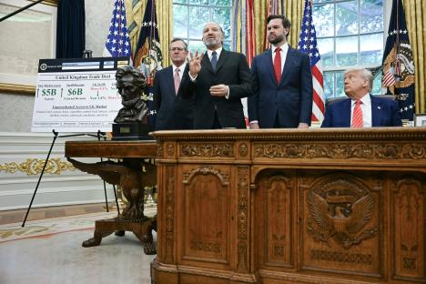 President Trump and aides at a White House trade announcement.